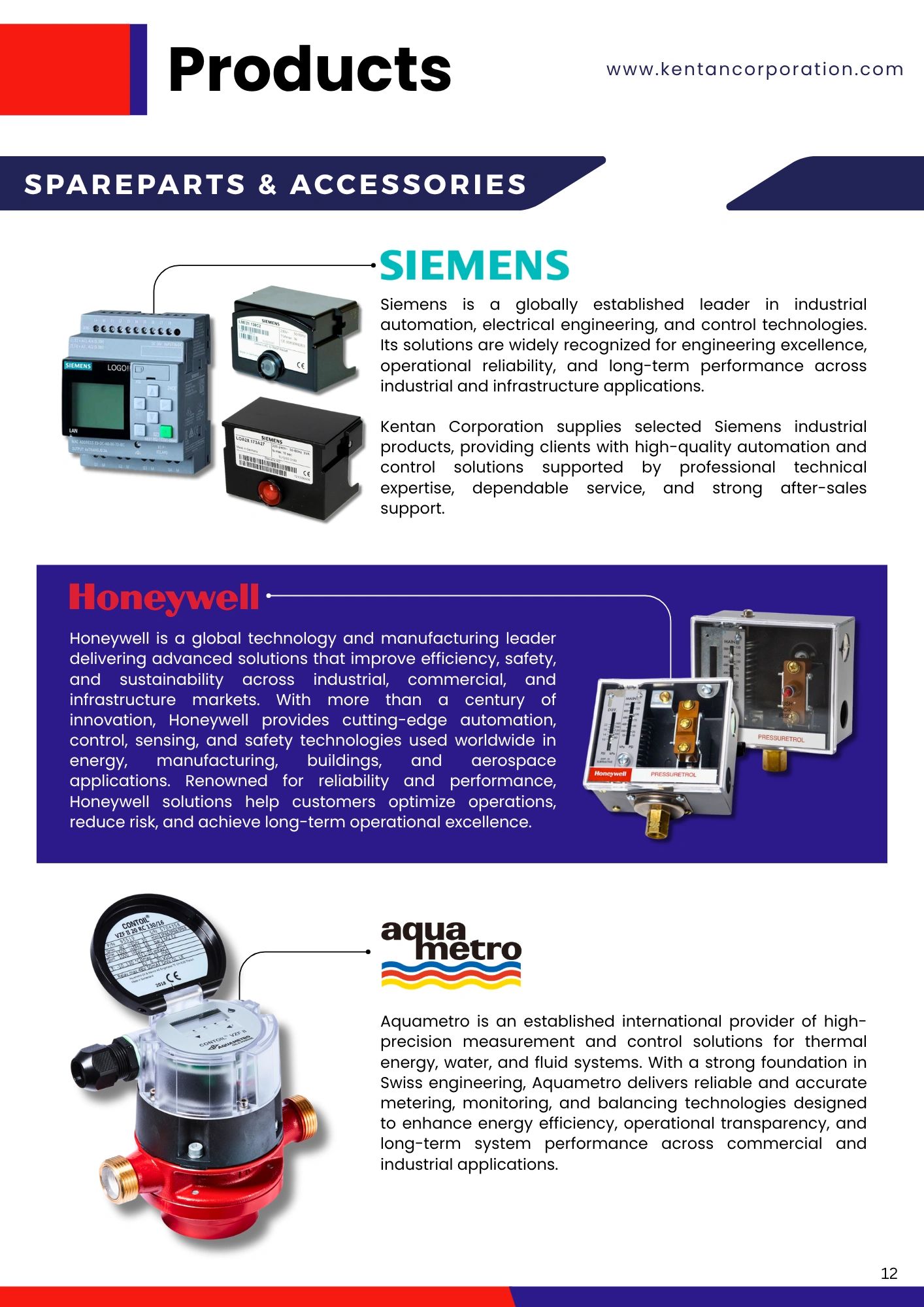 Overview of industrial spare parts and accessories from Siemens, Honeywell, and Aquametro.