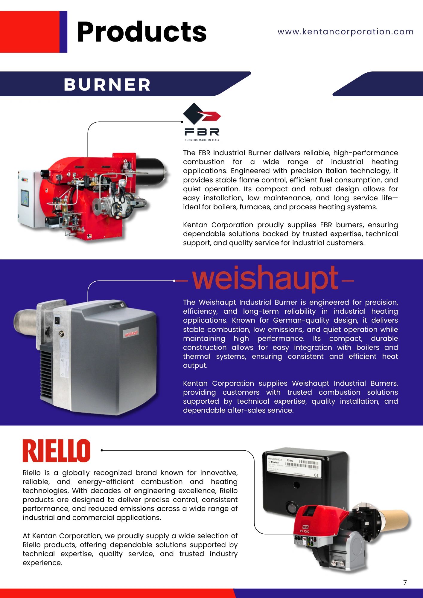 Industrial burners from FBR, Weishaupt, and Riello for efficient heating solutions.