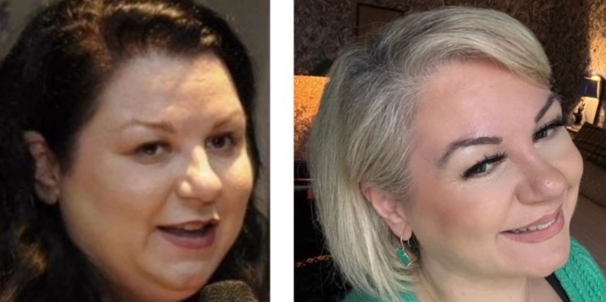 Side-by-side comparison of a woman before and after a makeover.