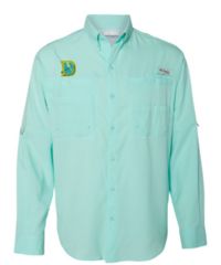 Light green long-sleeve button-up shirt with embroidered logos on the chest.