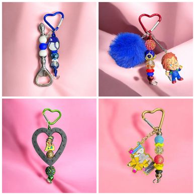 Four colorful keychains with heart-shaped clips and various charms on pink backgrounds.