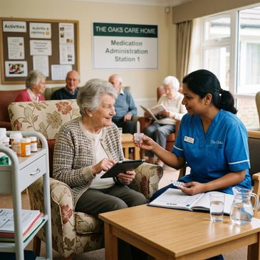 Nurse assisting elderly woman with medication in care home.