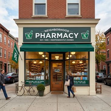 A neighborhood pharmacy storefront in a city setting.