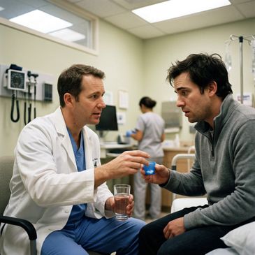 Doctor handing medication to a male patient in a clinic room.