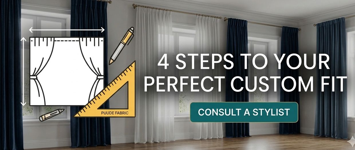 Room with dark blue and white curtains and a custom fit consultation offer.