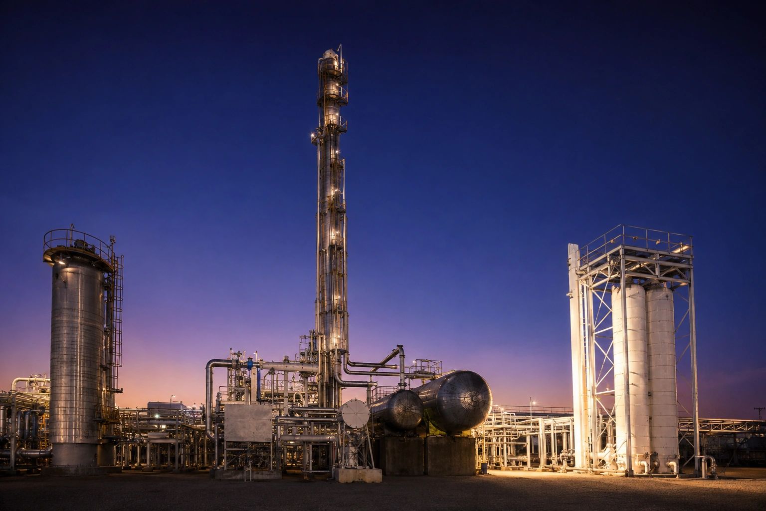 Industrial refinery plant illuminated at twilight under a deep blue sky.