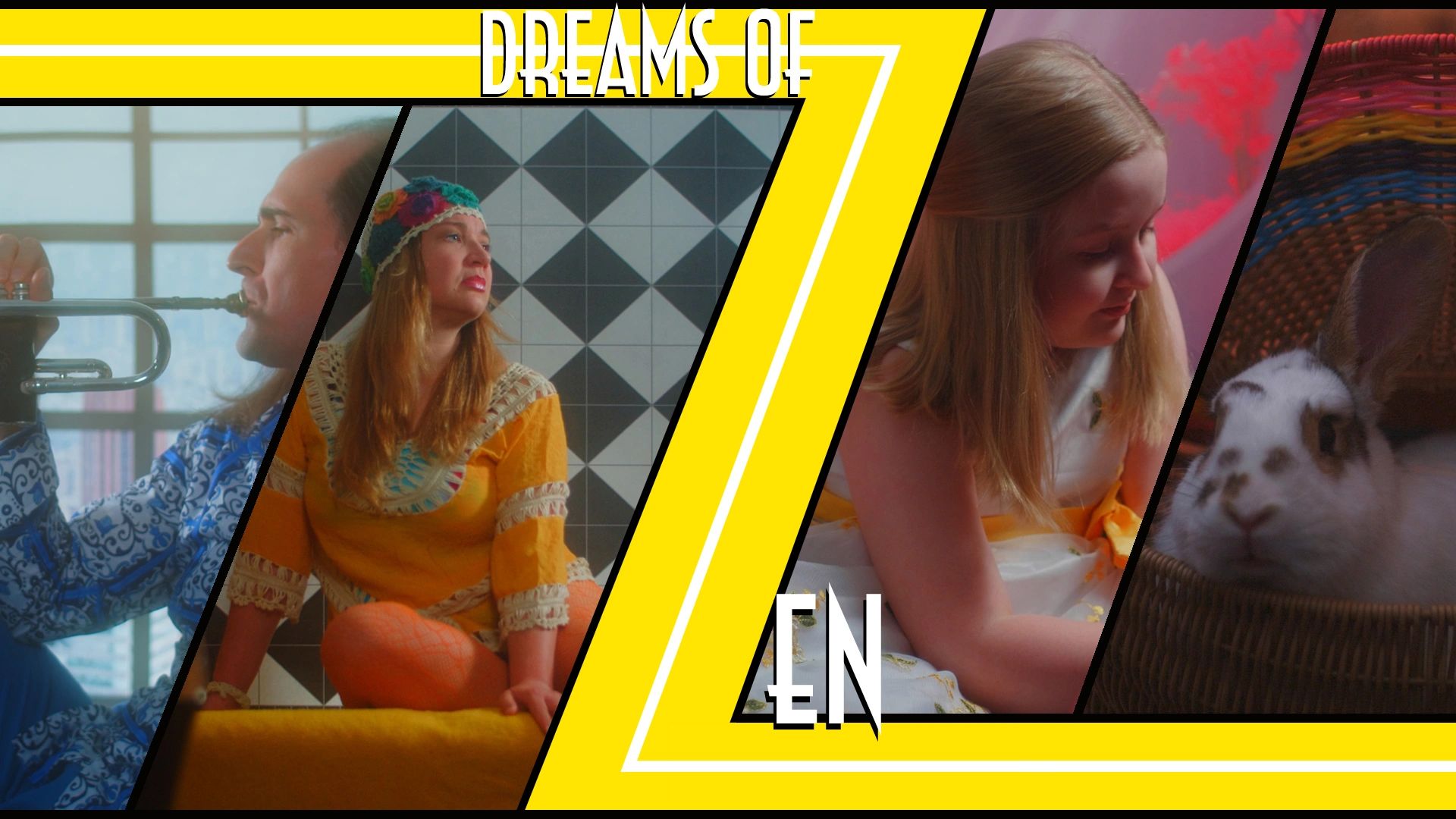 Collage of vibrant scenes featuring a musician, a woman in colorful attire, a girl with a rabbit, and bold yellow text.