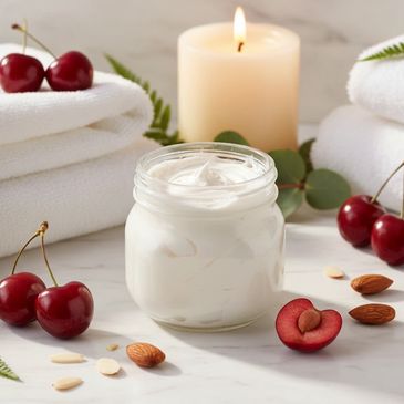 Jar of cream surrounded by cherries, almonds, towels, and a lit candle.