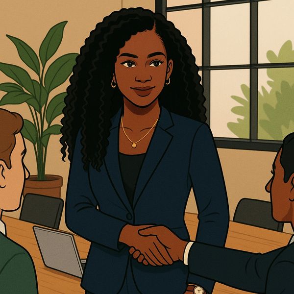 Femme d'affaires serrant la main en réunion.