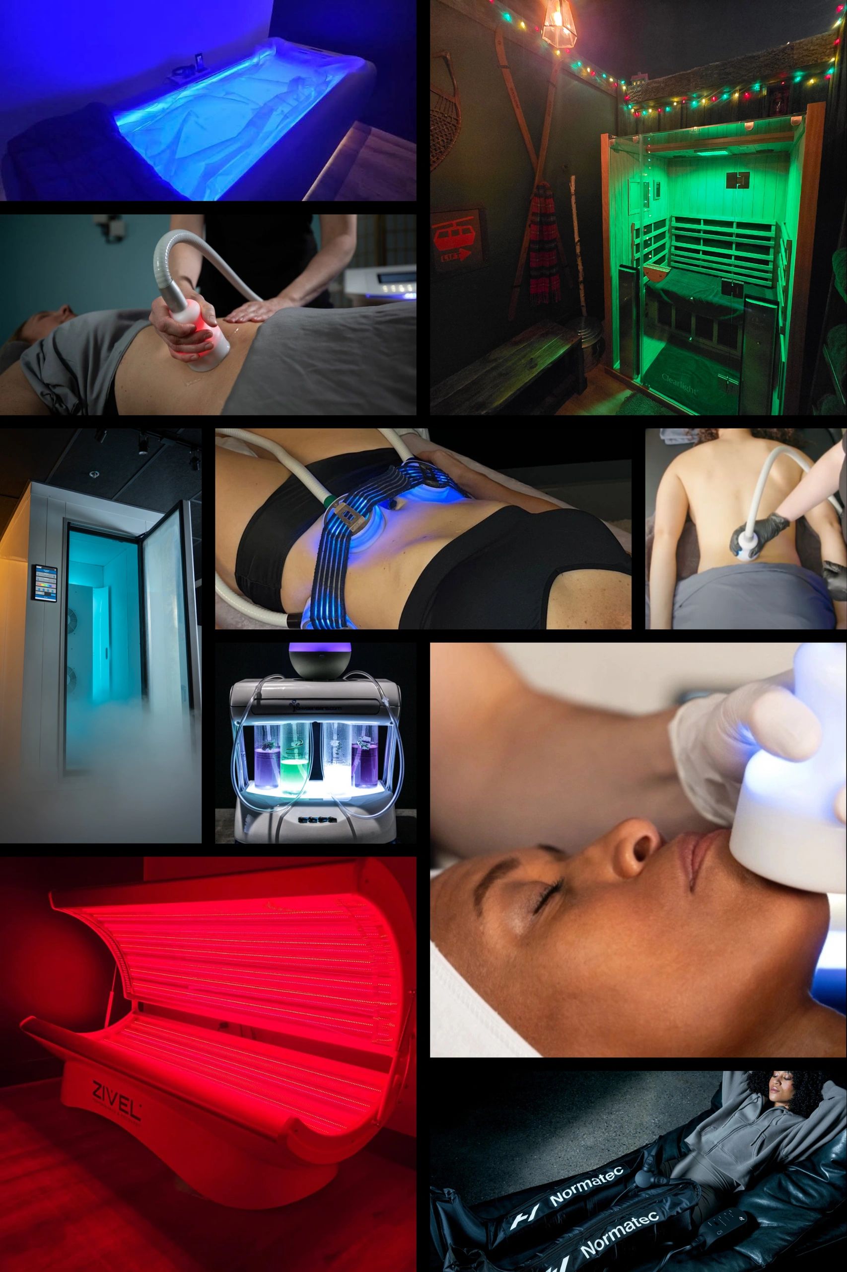 A collage of Belmont ZIVEL's services. Red Light, Cryotherapy, Cryo Facials and Cryo Slimming, etc.