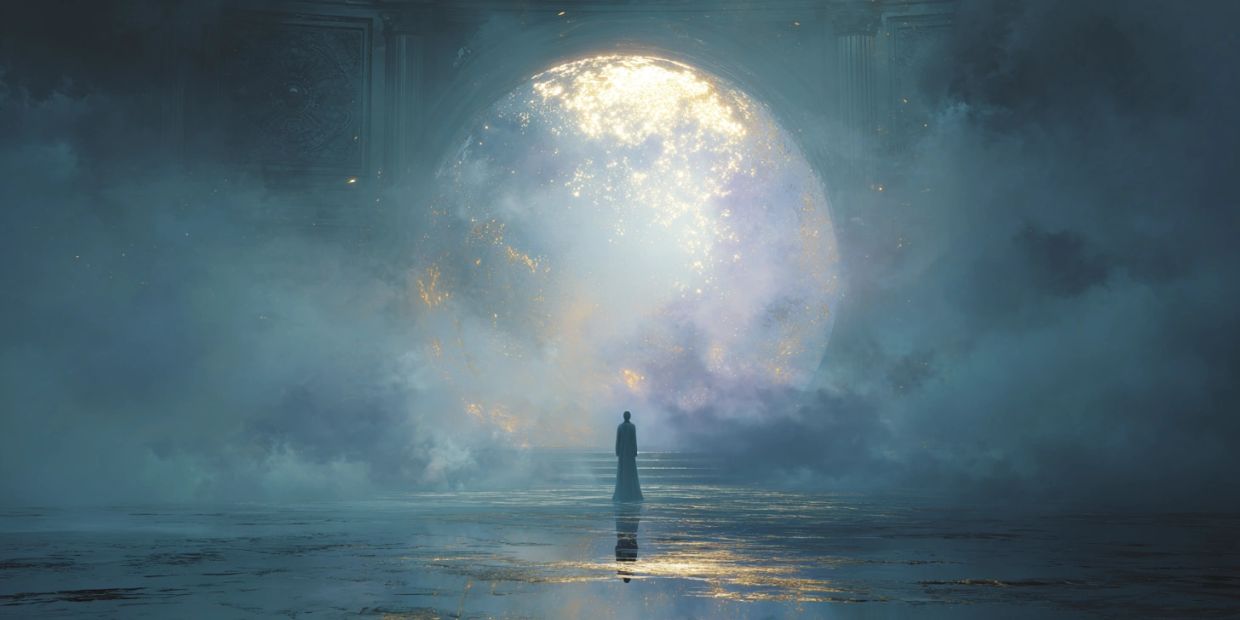 Silhouette facing a luminous portal in a misty, reflective environment.