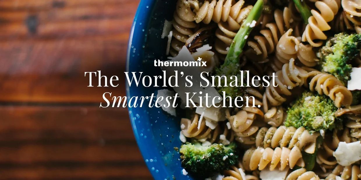 Pasta dish with Thermomix® logo and words that read: "The world's smallest smartest kitchen."