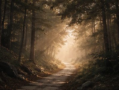 Sentier traversant une forêt dense, baigné d’une douce lumière dorée au loin