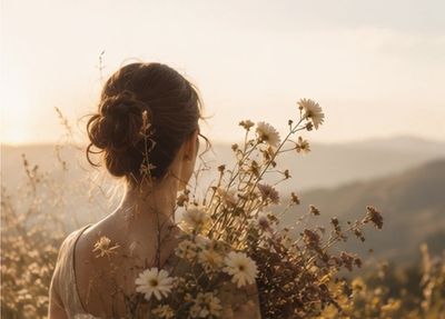 Femme vue de dos tenant un bouquet de fleurs sauvages dans une lumière, évoquant le retour à soi