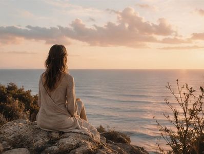 Femme contemplant la mer au coucher du soleil, contemplant l’horizon dans une atmosphère paisible