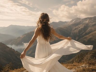Femme vêtue d’une robe blanche fluide, face à un vaste paysage de montagnes, les bras ouverts