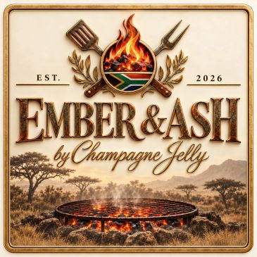 Vintage barbecue logo with fire and African landscape.