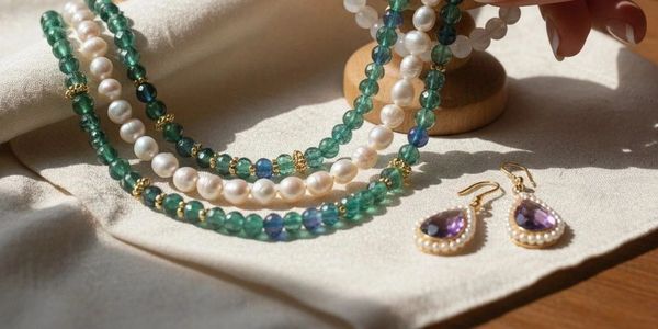 Elegant pearl and gemstone necklace with matching purple gemstone earrings.