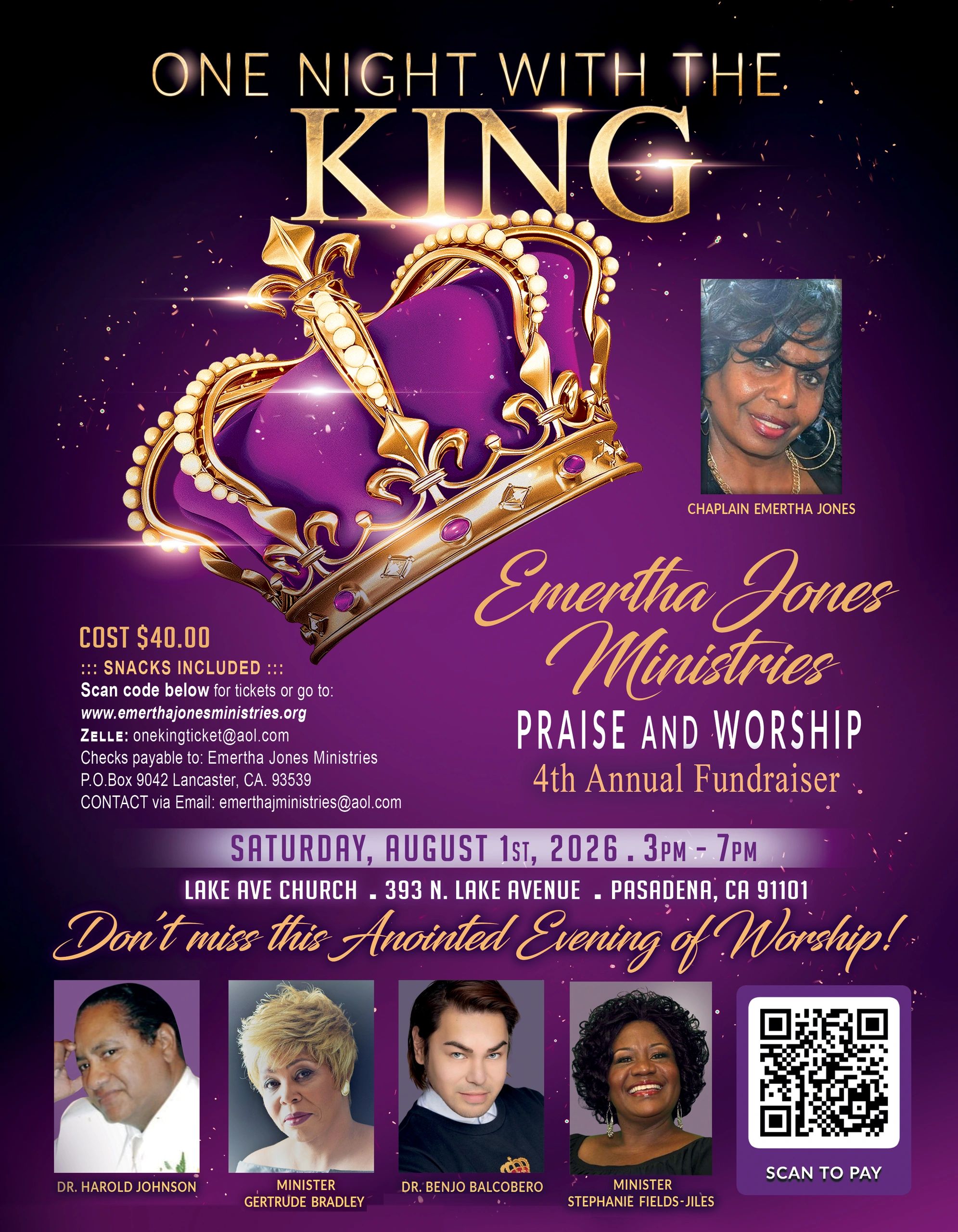 Fundraiser event poster for Emertha Jones Ministries worship night on August 1, 2026.