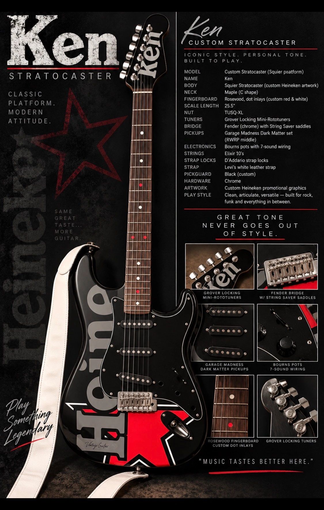 Electric guitar Ken Custom Stratocaster with Heineken artwork and detailed specs.