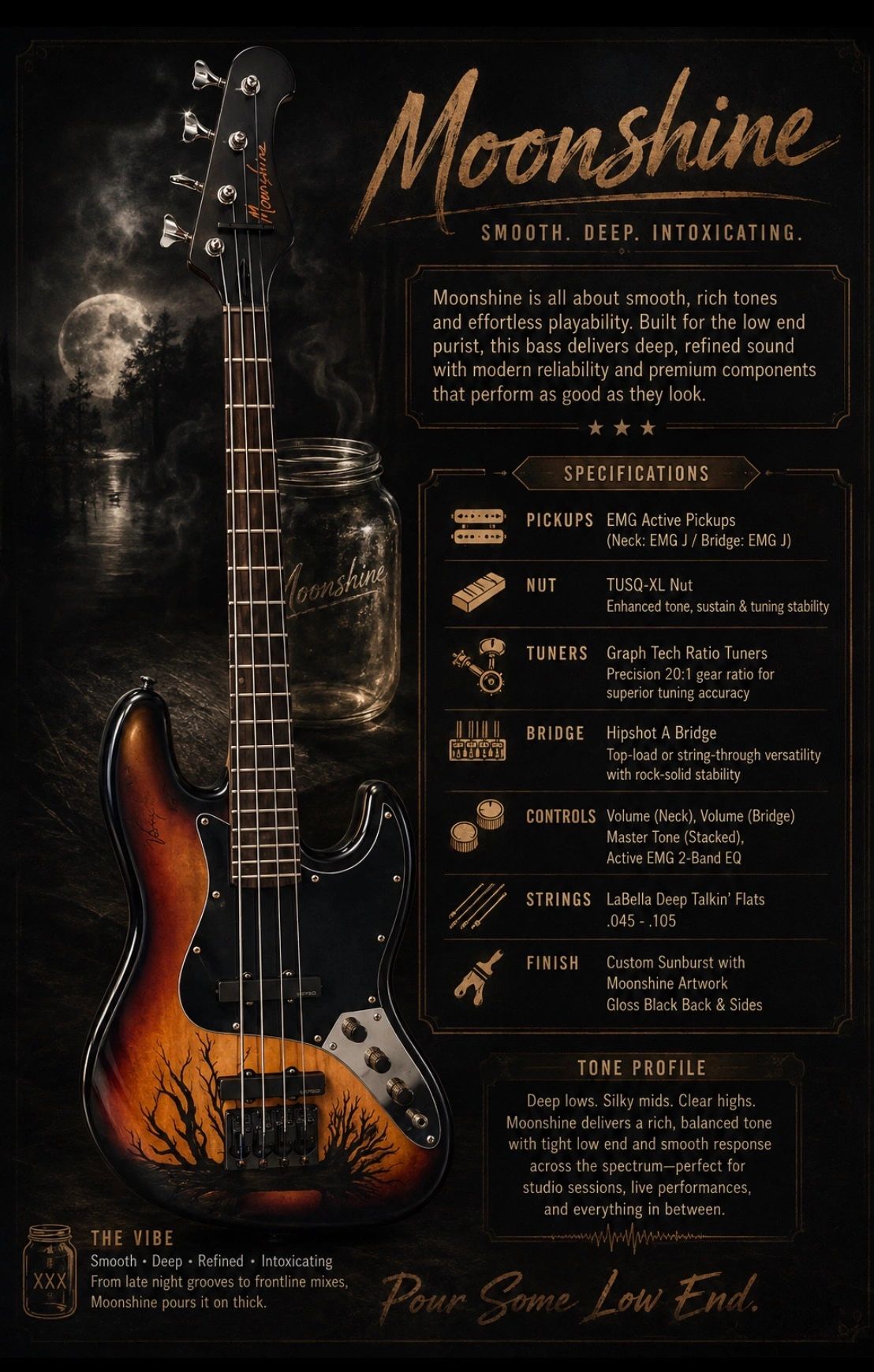 Moonshine bass guitar with specs and tone profile.