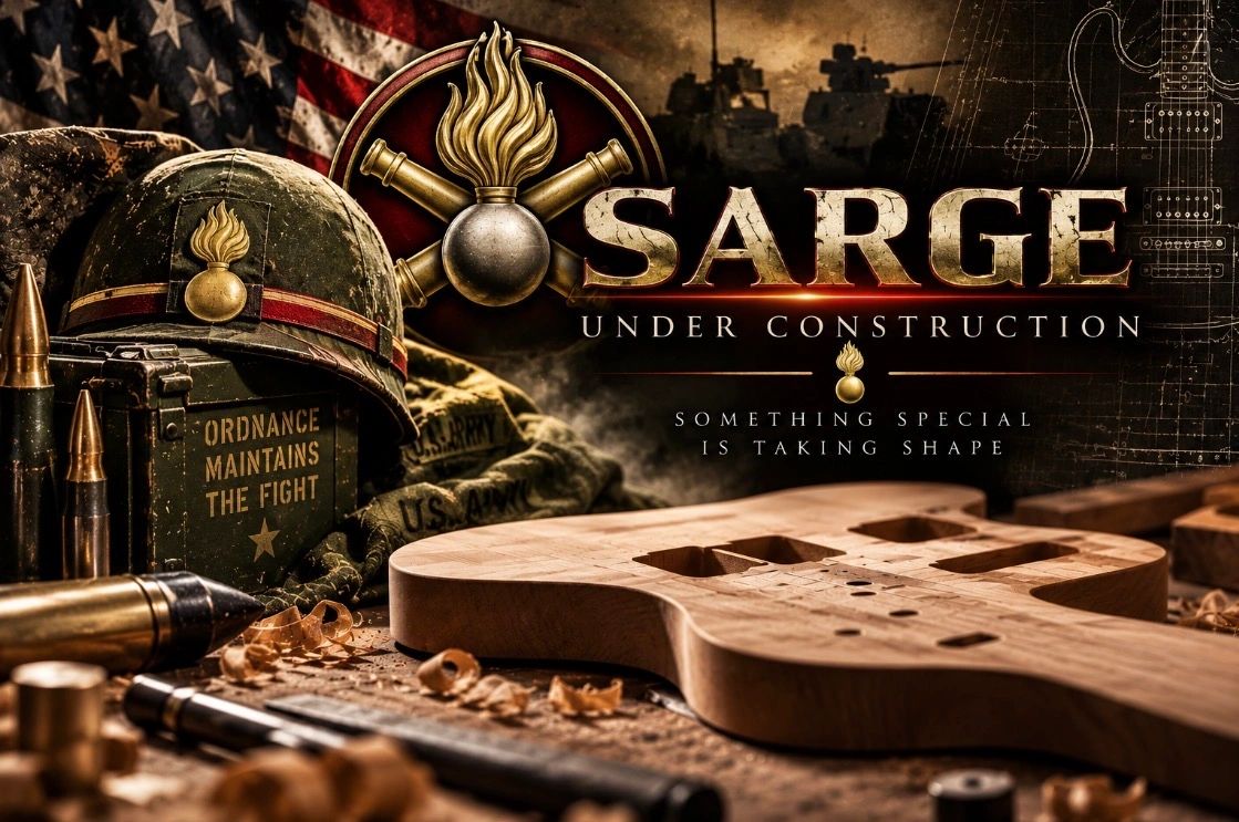 Military-themed guitar project named 'Sarge' under construction.