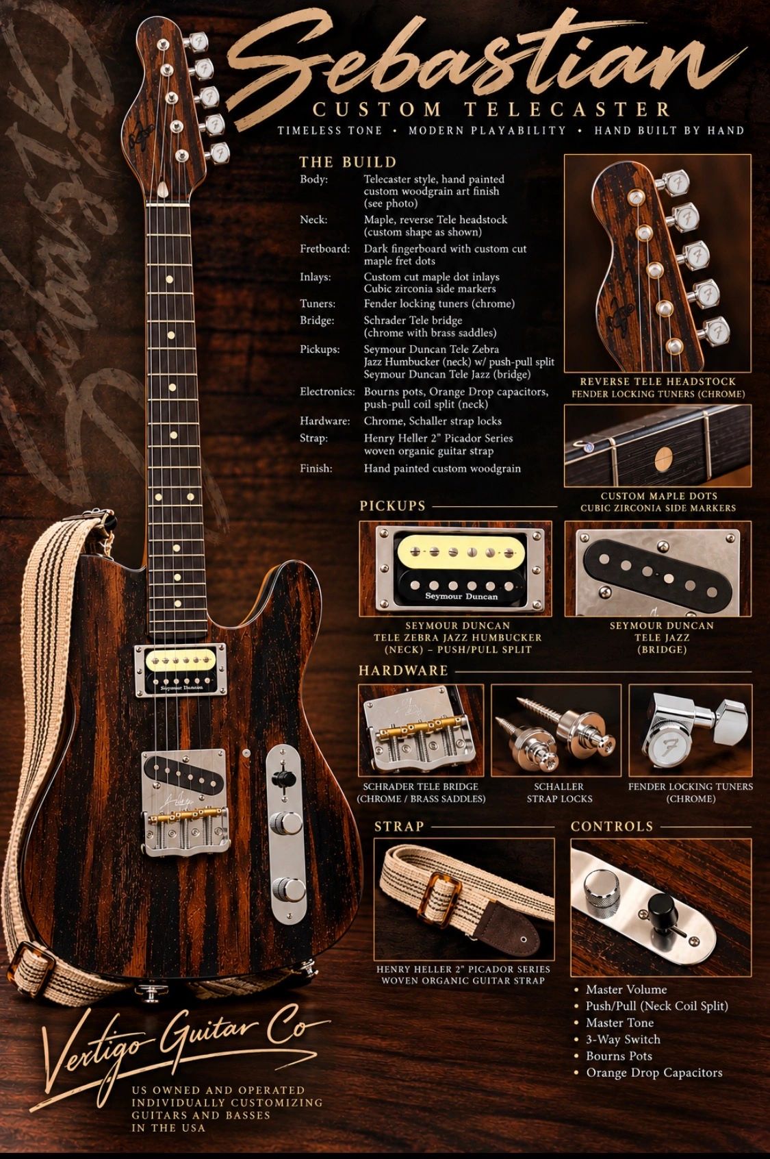 Custom Sebastian Telecaster guitar with detailed specs and features.