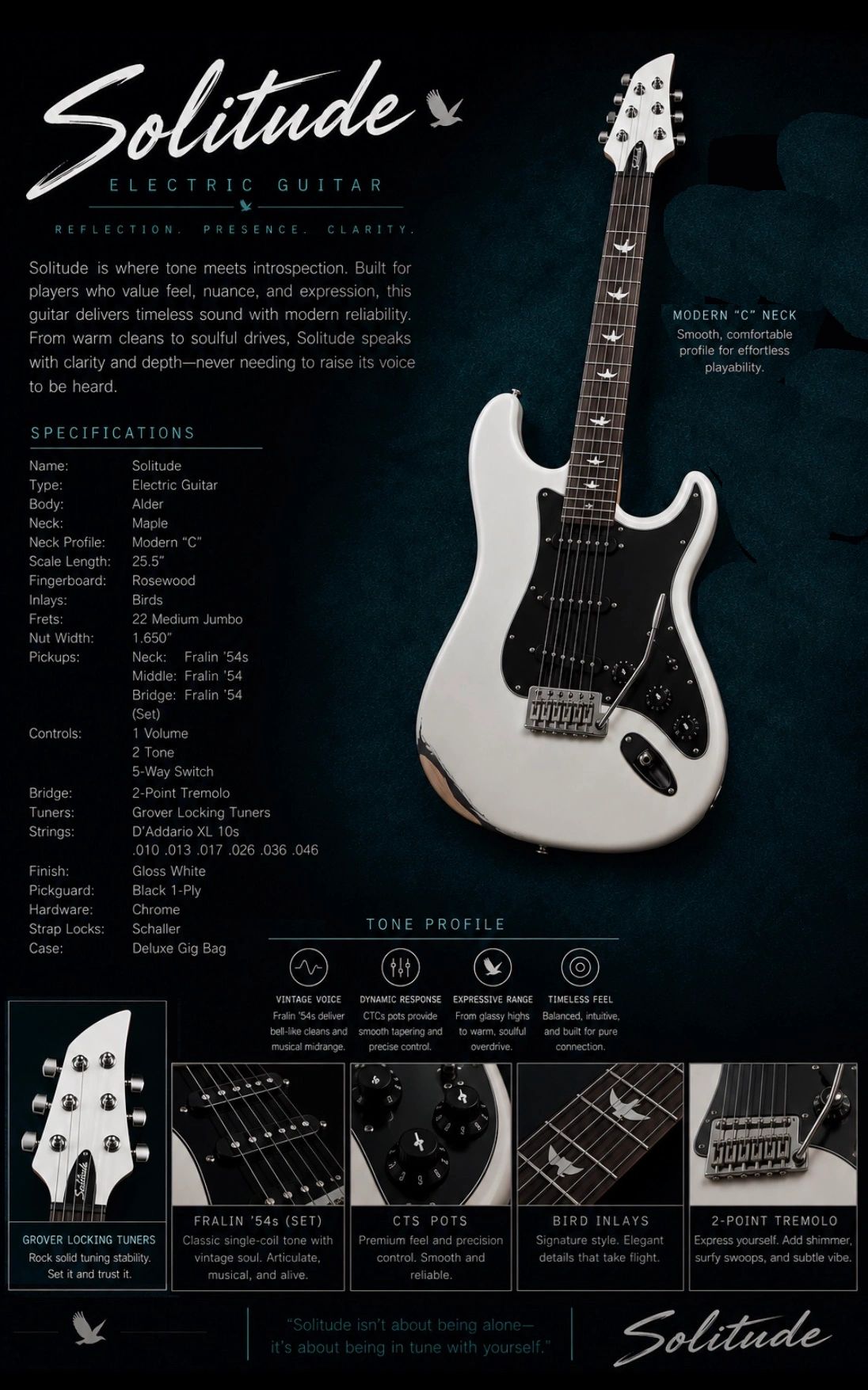 Electric guitar Solitude with vintage voice and modern features.