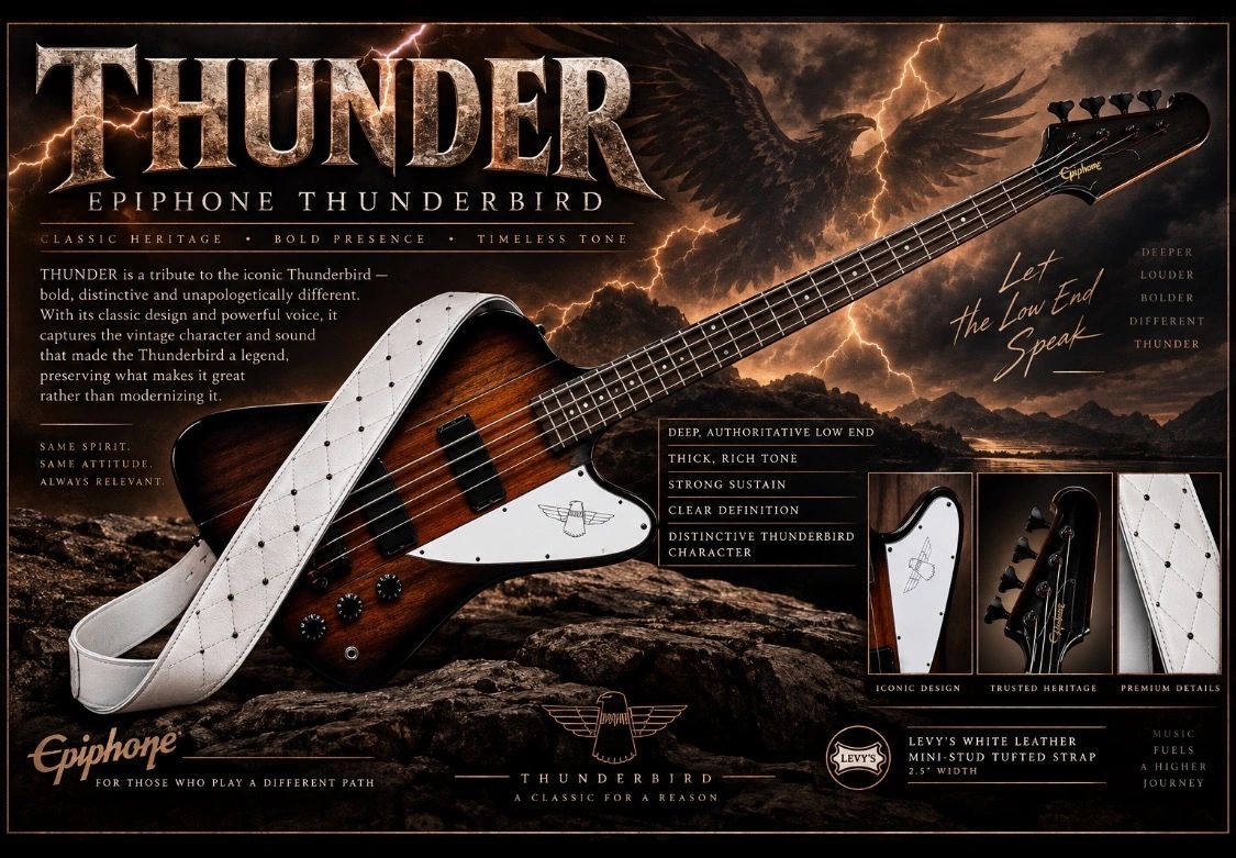 Epiphone Thunderbird bass guitar with white leather strap against stormy sky.