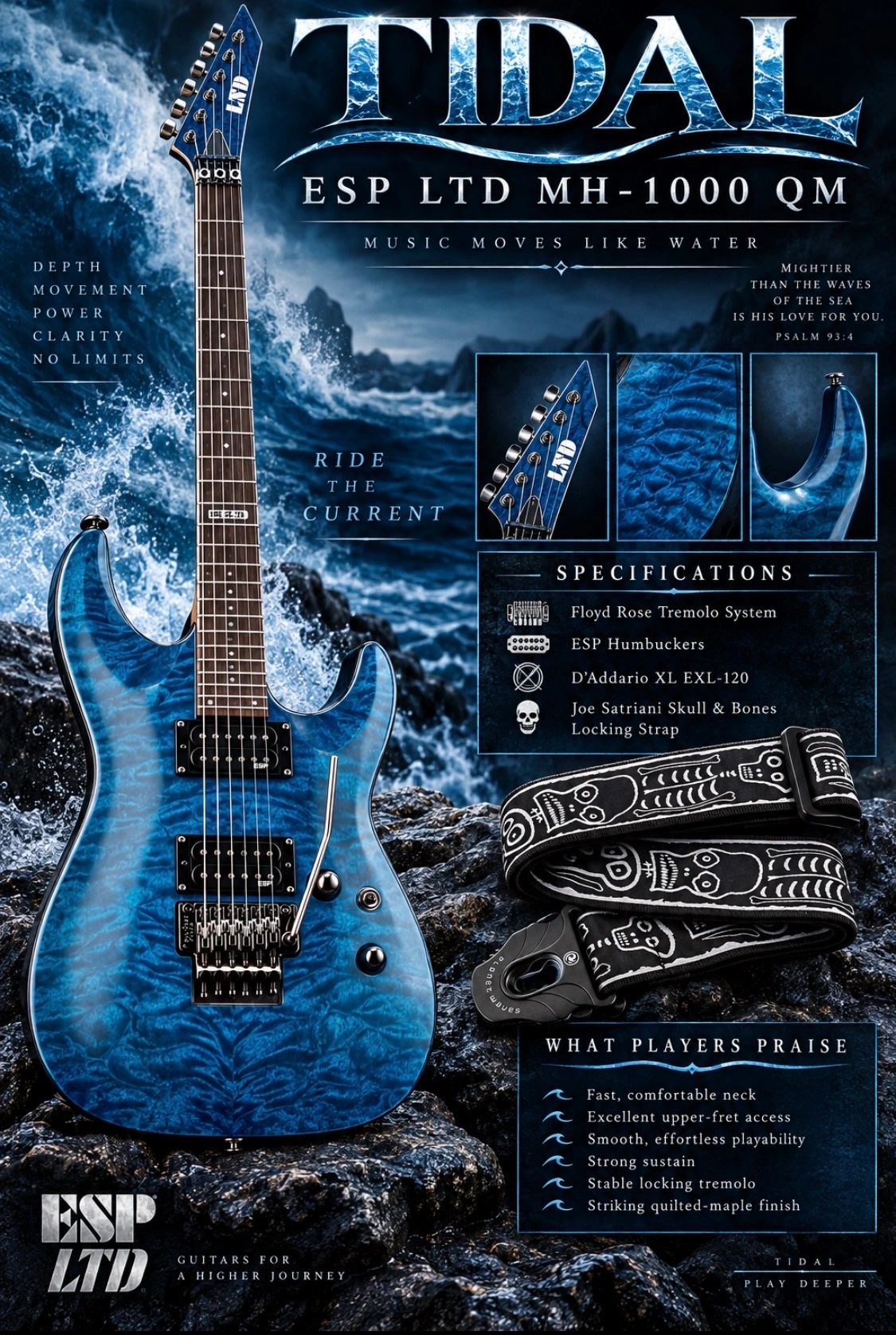 Blue ESP LTD MH-1000 QM electric guitar with a rose tremolo system.