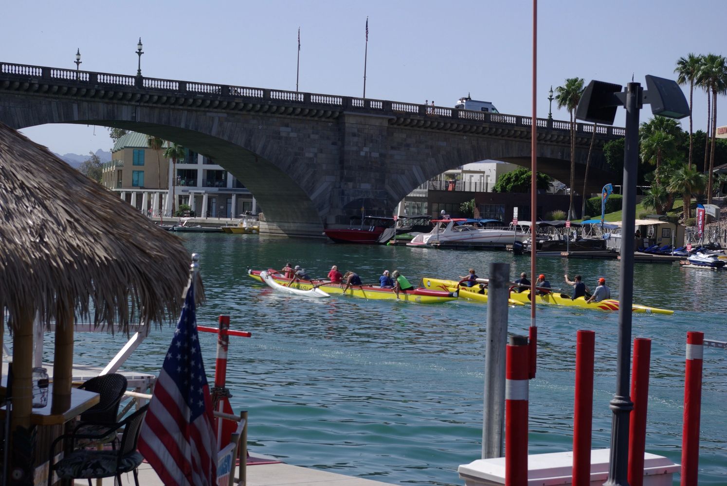 Kayakers racing toward London Bridge, in Lake Havasu City, AZ.