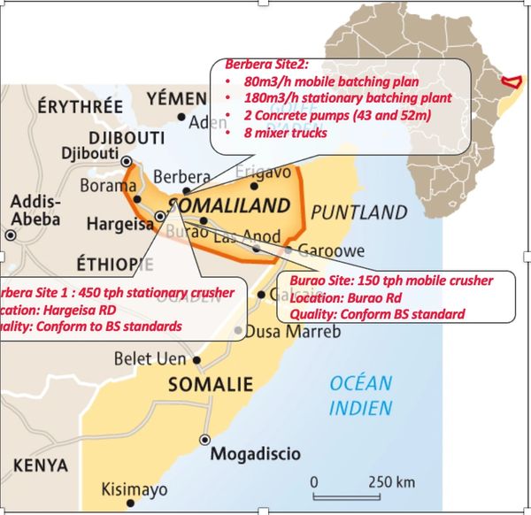 Map showing Somaliland with construction sites and equipment details.