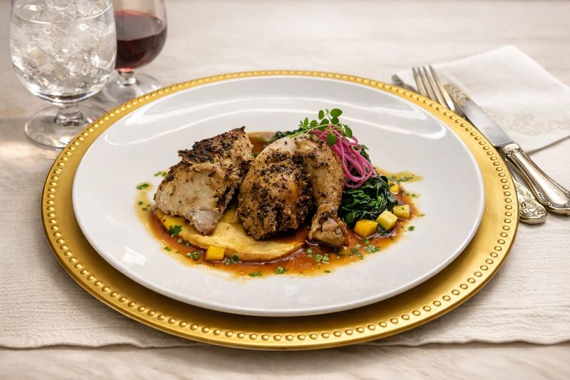 Cornish hen dinner on a white plate