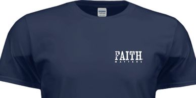 Navy blue t-shirt with 'FAITH MATTERS' text on the chest.