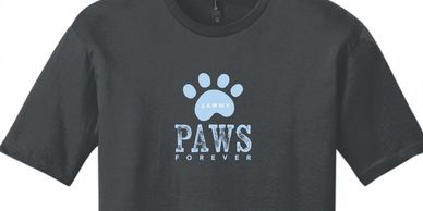 Black T-shirt with a light blue paw print and 'PAWS FOREVER' text.