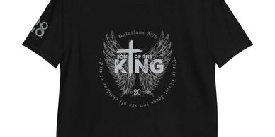 Son of the King Black t-shirt with Christian-themed graphic and Galatians scripture text.