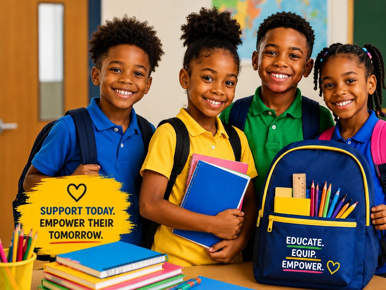 Four smiling children with backpacks and school supplies promoting education and empowerment.