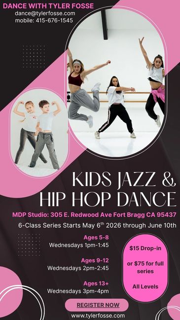 Kids jazz and hip hop dance classes for ages 5-13+ at MDP Studio in Fort Bragg.
