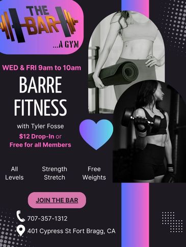 Barre Fitness classes at The Bar gym, Wed &amp; Fri 9-10am, $12 drop-in or free for members.