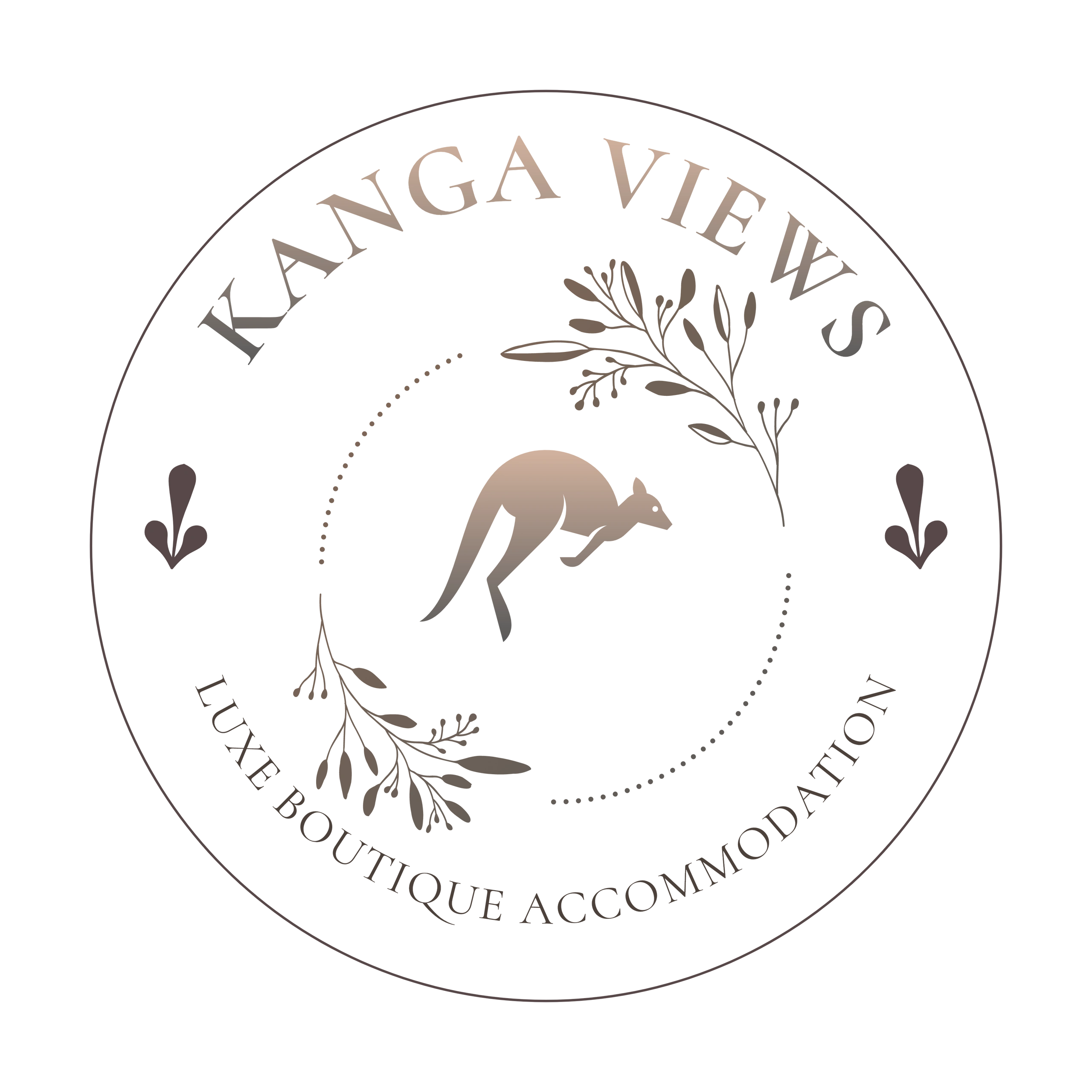 Elegant circular logo with kangaroo and botanical elements.