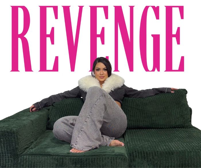 Woman seated on a green couch with the word 'REVENGE' in bold above her.