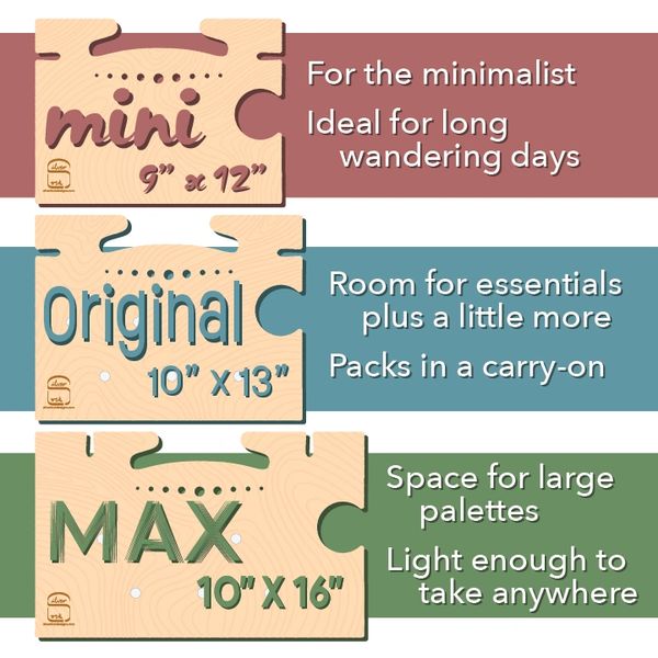 easel tray in 3 sizes with descriptions