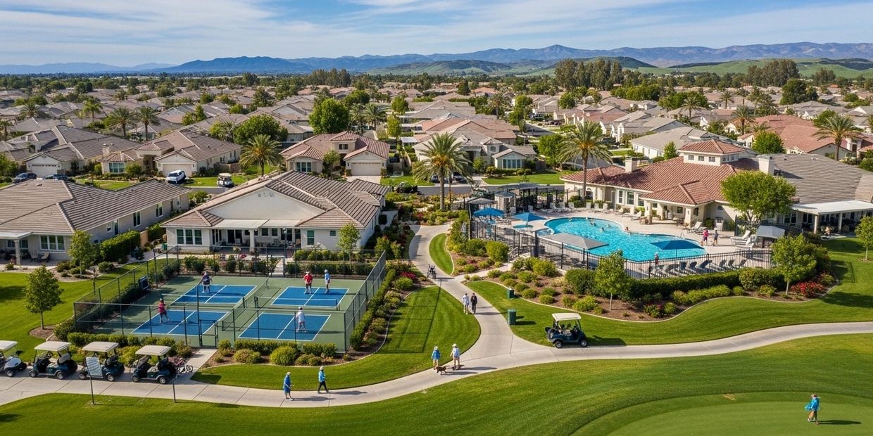 A sunny suburban neighborhood with tennis courts, a pool, and golf carts.