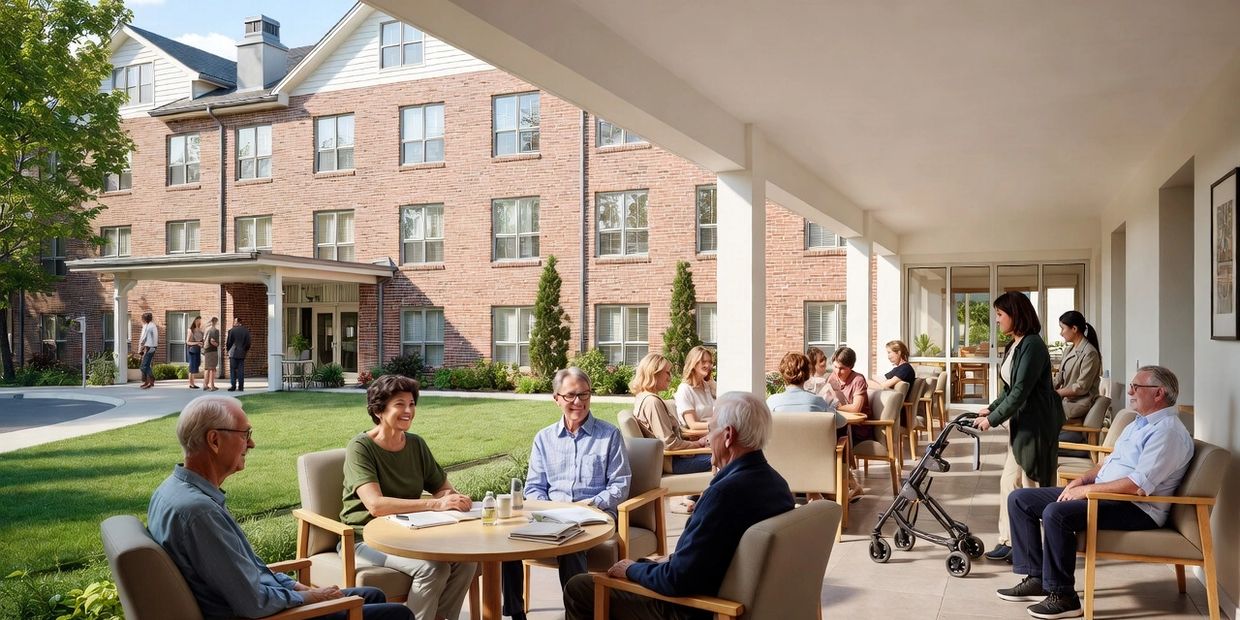 Seniors socializing outdoors at a retirement community patio.