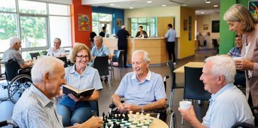 Seniors enjoying a lively game of chess in a community room.
