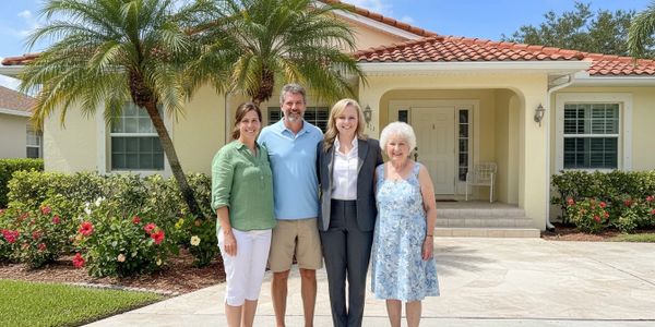 Four people standing happily in front of a house with a palm tree.