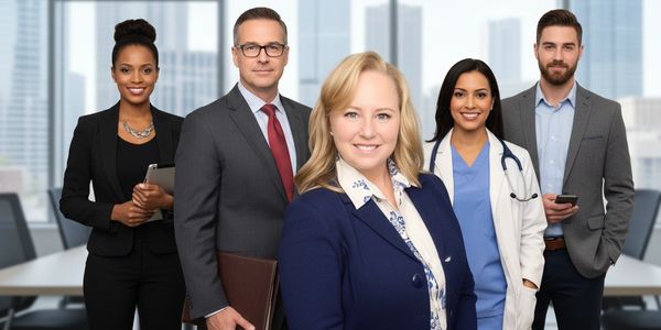Diverse group of professionals posing confidently in an office setting.