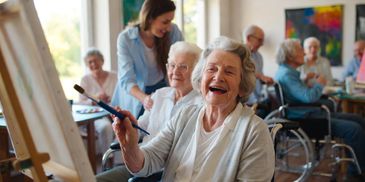 Elderly woman joyfully painting in a lively group setting.