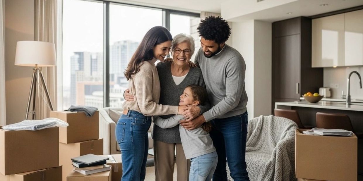 Family hugging happily in a new home surrounded by moving boxes.
