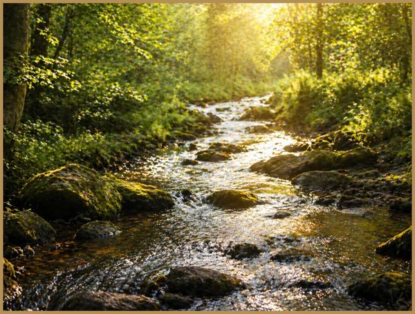 Sunlight streaming through green woodland over a gentle stream flowing across mossy rocks, evoking calm and natural growth